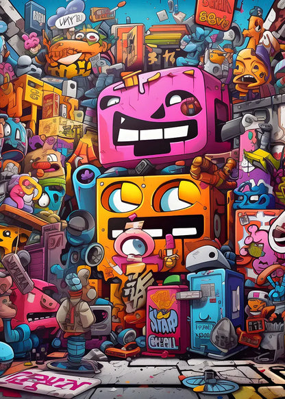 Colorful cartoon characters and objects in a chaotic urban setting