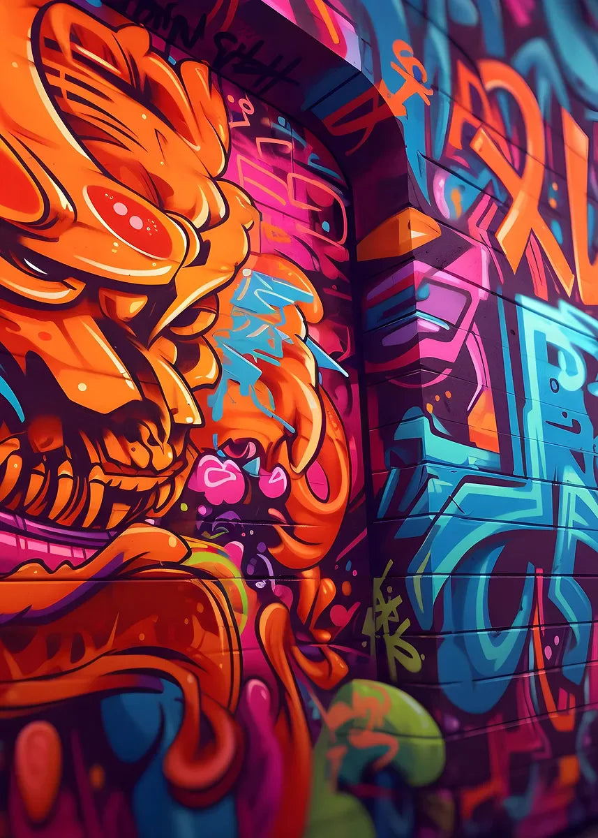 Colorful graffiti art on a wall with abstract designs and vibrant colors.
