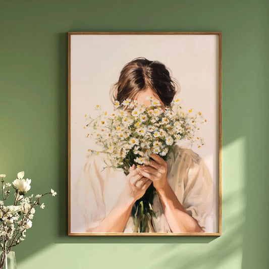 Framed artwork of a woman holding flowers against a green wall Canvas & Curio