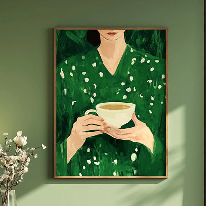 Framed artwork of a person in a green dress holding a cup against a green wall.