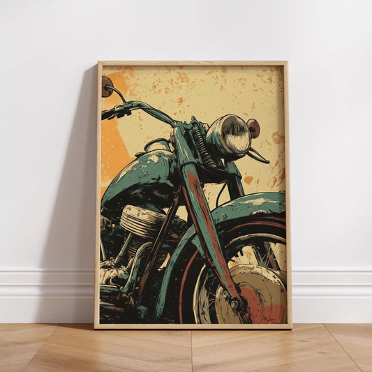 Framed poster of a vintage motorcycle on a white wall. Canvas & Curio