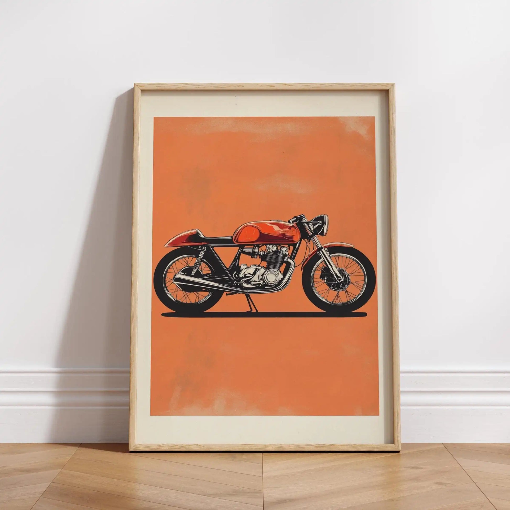 Framed poster of a motorcycle on an orange background