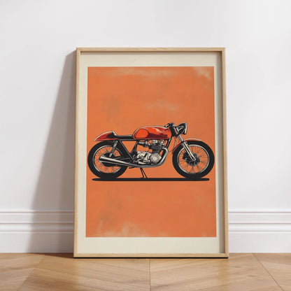 Framed poster of a motorcycle on an orange background