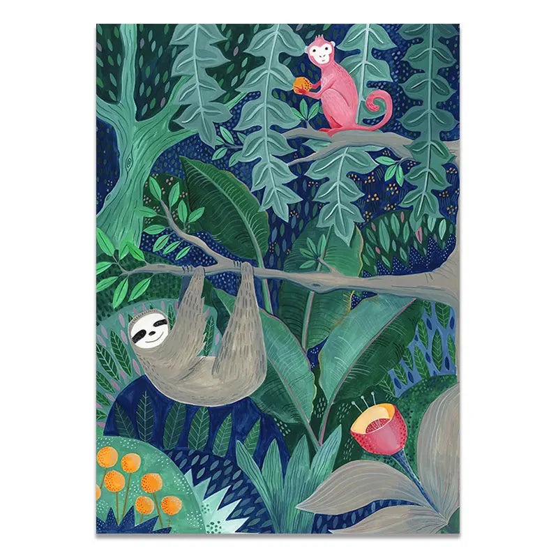 Illustration of a sloth and monkey in a jungle setting with green leaves and flowers.
