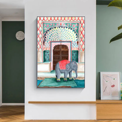 Decorative painting of an elephant in a colorful frame on a wall.