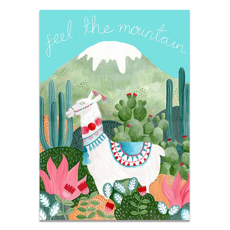 Illustration of a llama in a desert scene with cacti and flowers, featuring the text 'feel the mountain'.