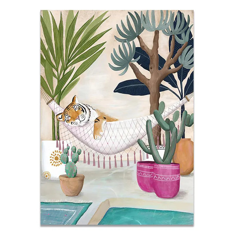 Illustration of a tiger and dog in a hammock with plants and a pool in the background