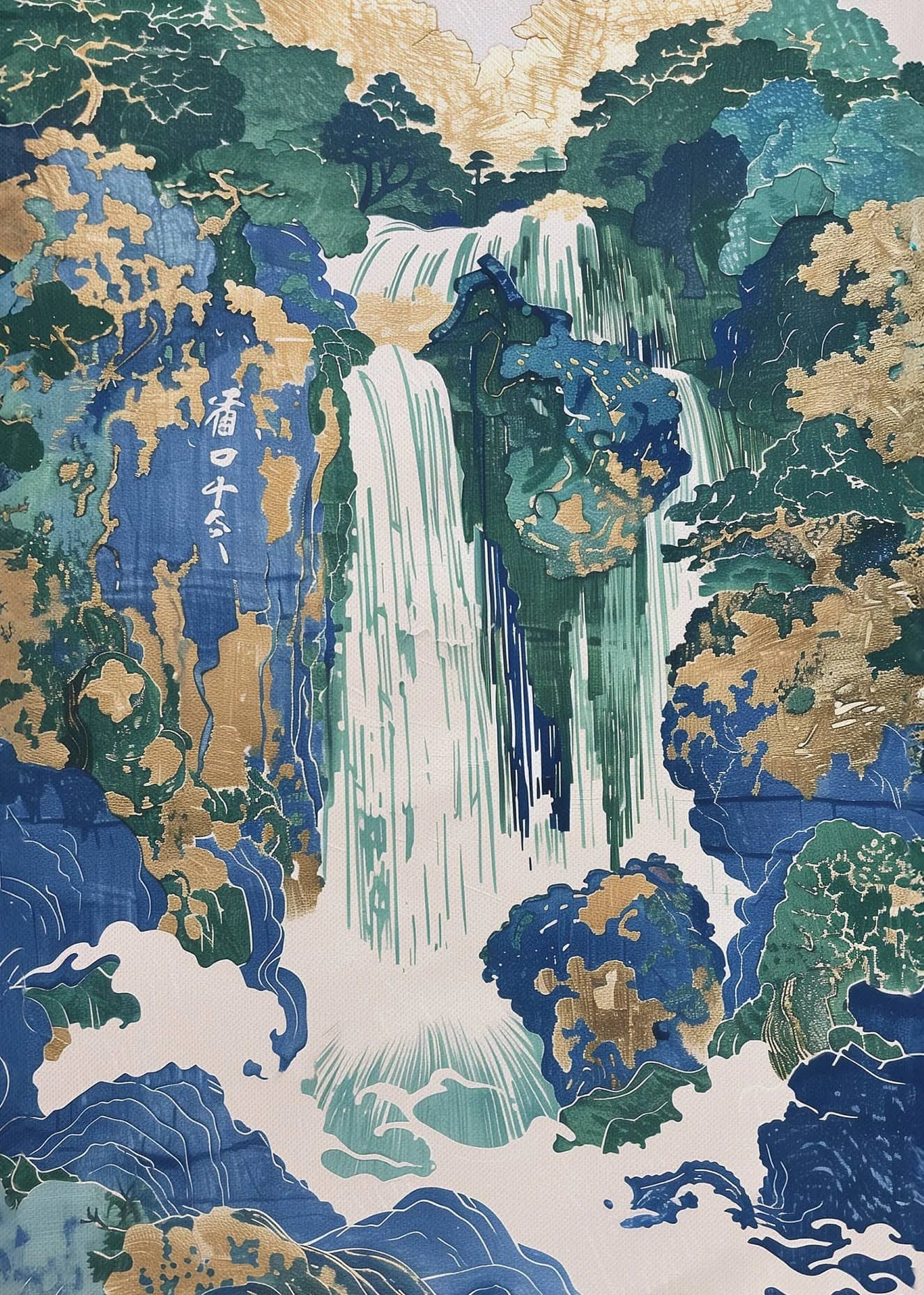 Traditional Japanese artwork of a waterfall surrounded by nature