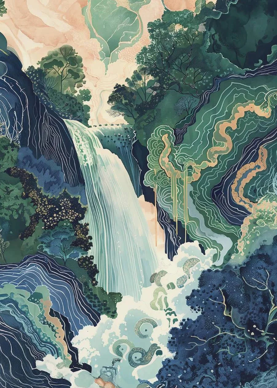 Artistic depiction of a waterfall surrounded by lush greenery