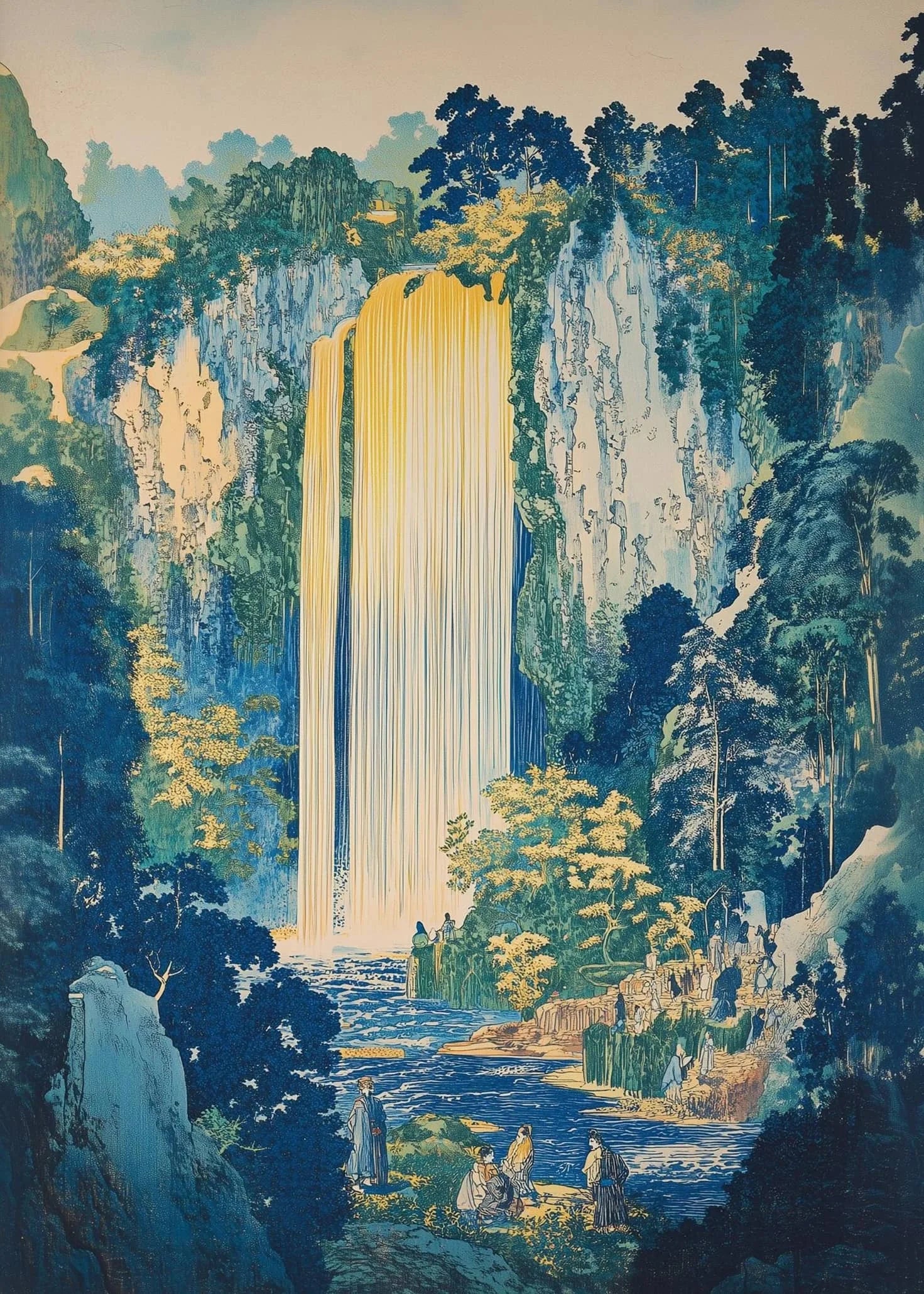 Stylized illustration of a waterfall in a forest with people observing it.