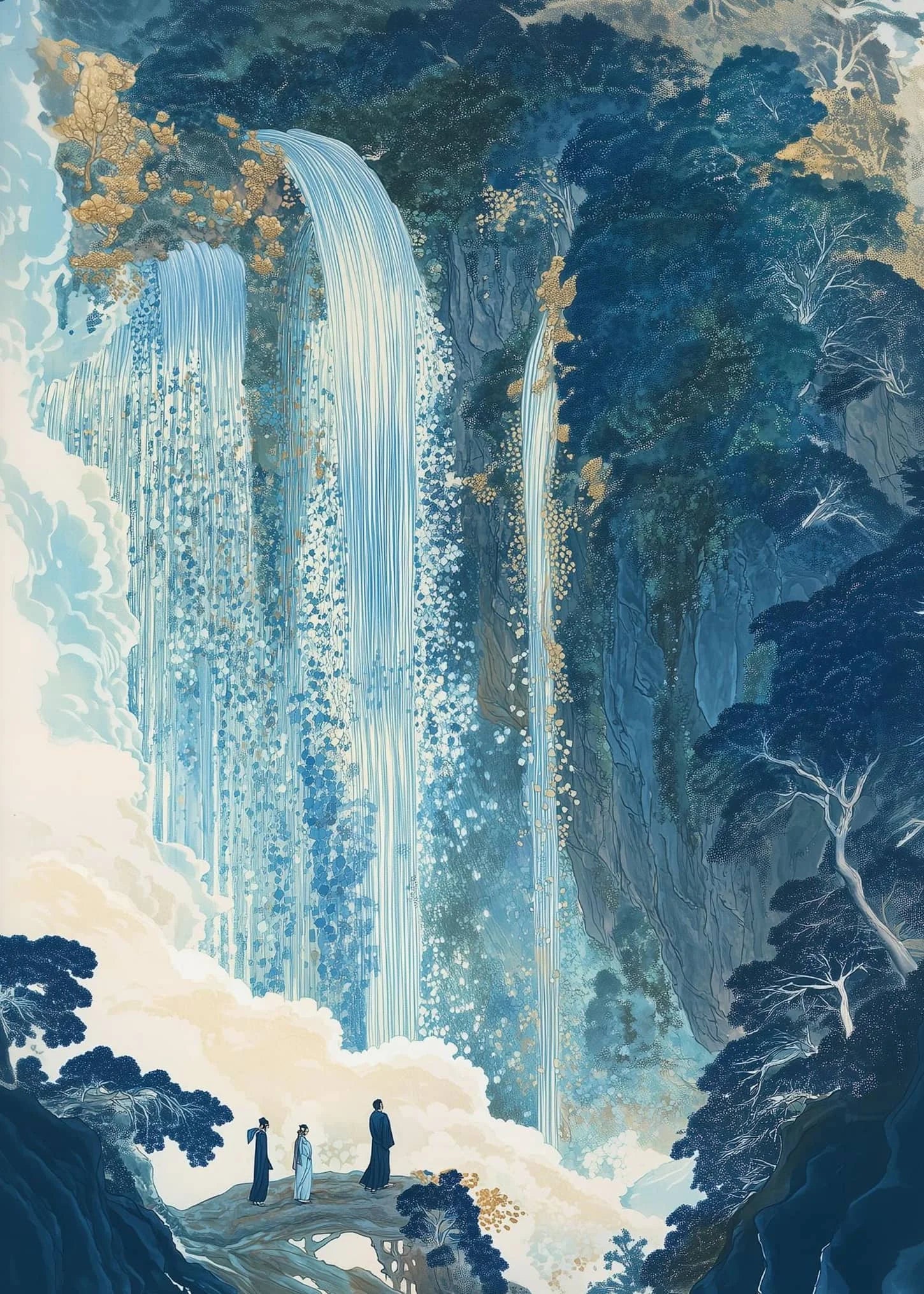 Artistic depiction of a waterfall in a forest with people observing it.