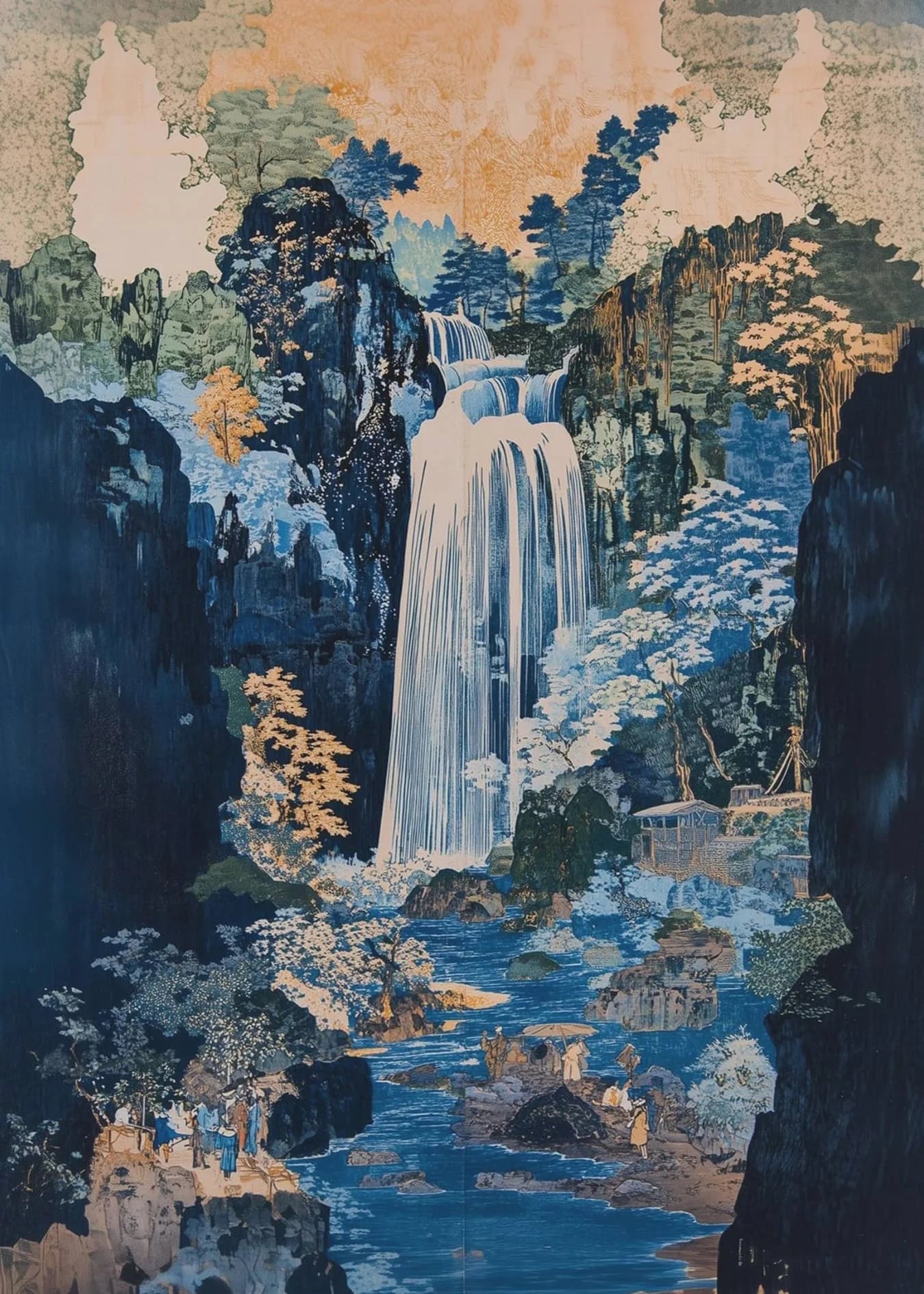 Traditional Japanese landscape with waterfall and mountains