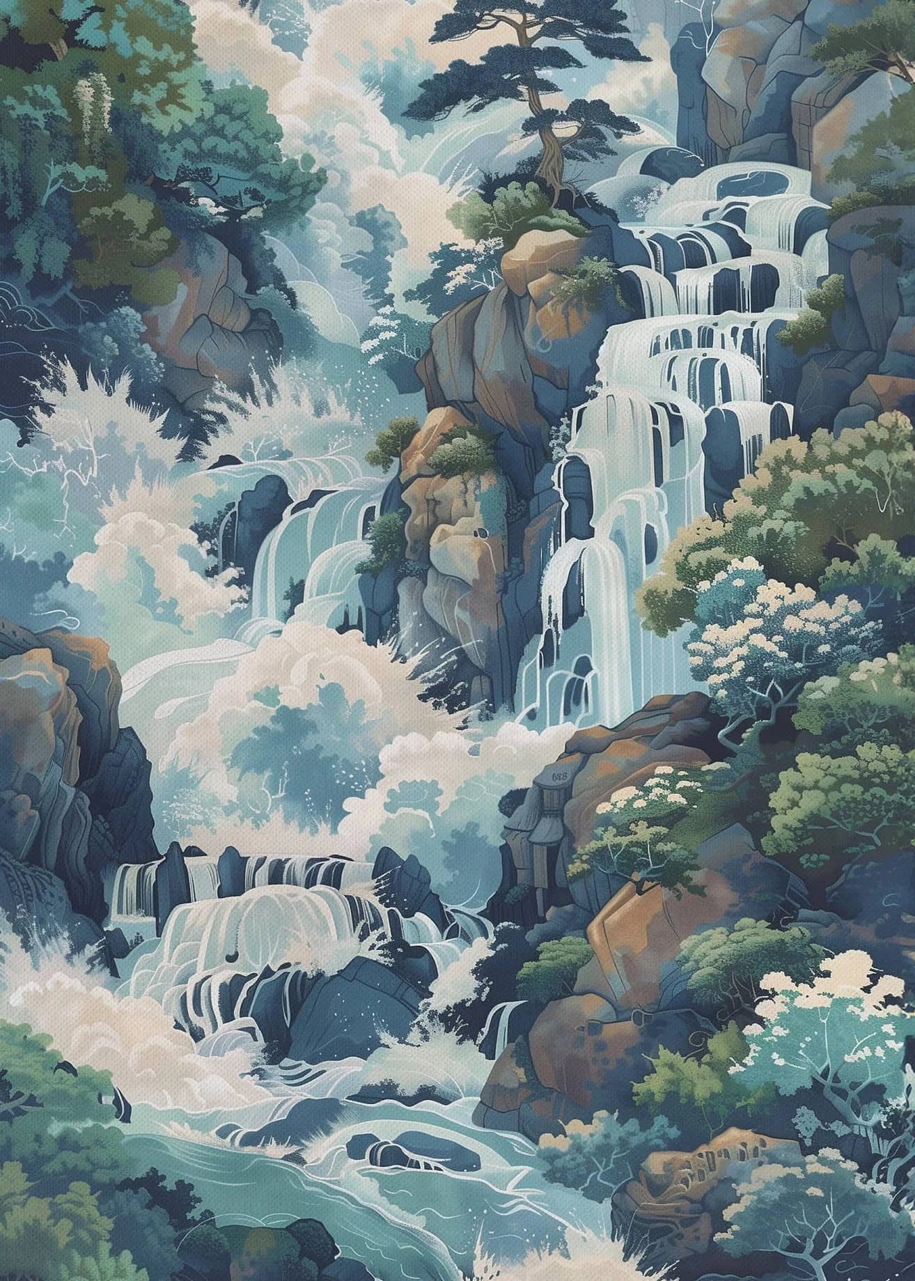 Detailed illustration of a mountain landscape with waterfalls and greenery