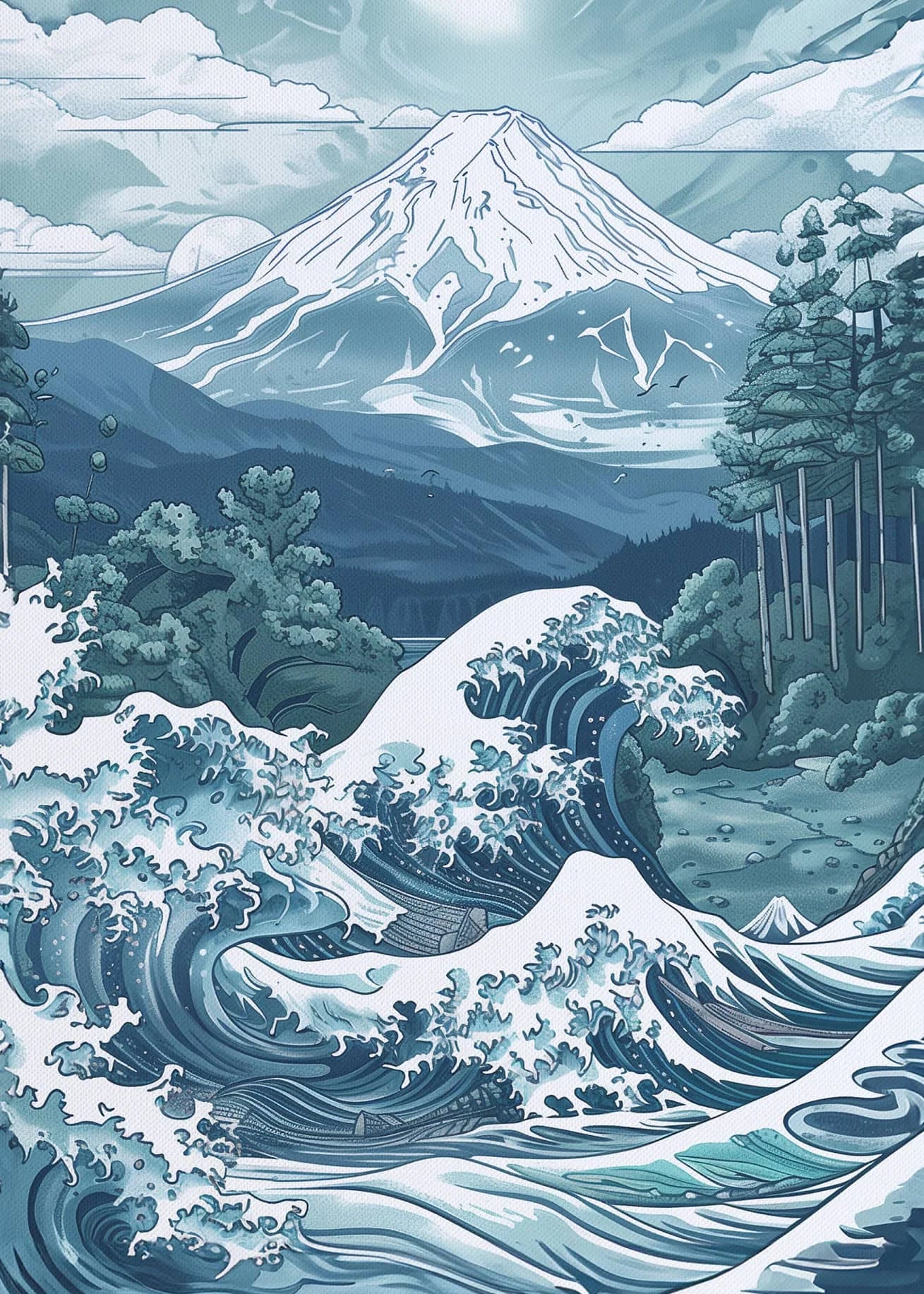 Illustration of a mountain with a large wave in the foreground