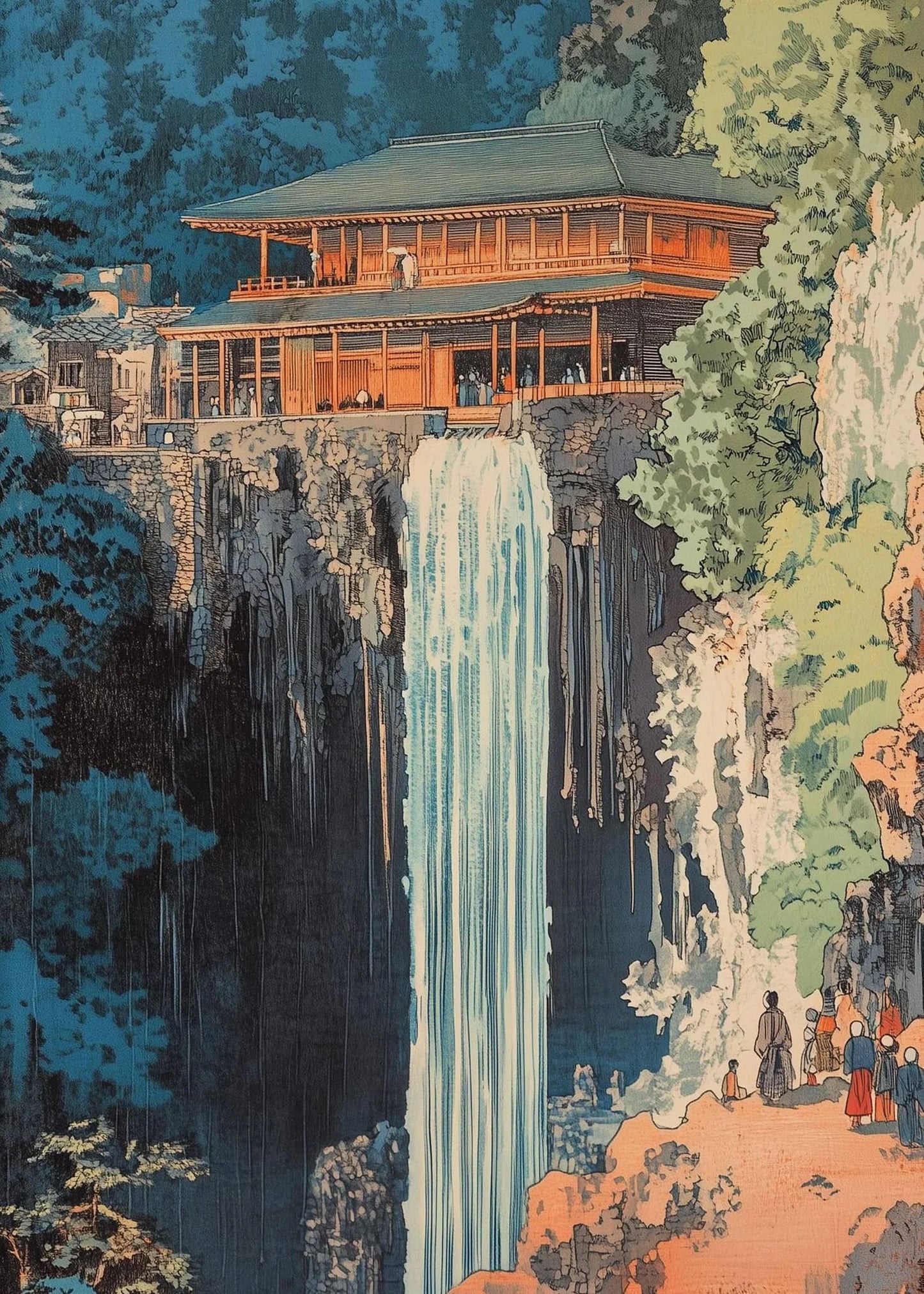 Traditional Japanese building perched on a cliff with a waterfall, surrounded by nature.