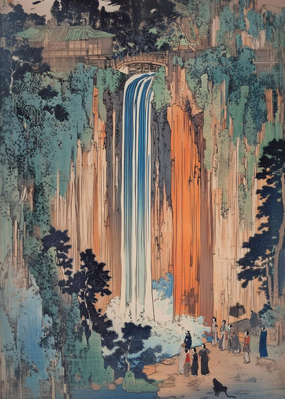 Traditional Japanese woodblock print of a waterfall with people below