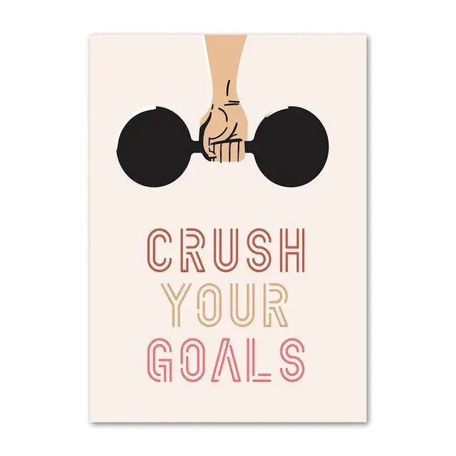 Motivational poster with a hand holding dumbbells and 'Crush Your Goals' text on a light background.