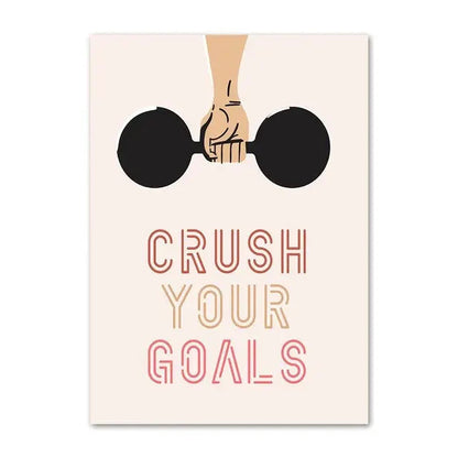 Motivational poster with a hand holding dumbbells and 'Crush Your Goals' text on a light background.
