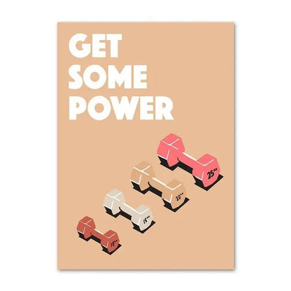 Motivational poster with dumbbells and 'GET SOME POWER' text on a beige background