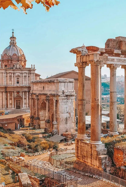 Ancient Roman forum with classical architecture and modern cityscape in the background
