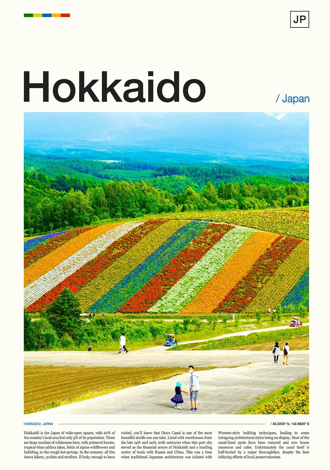 Colorful striped fields in Hokkaido, Japan with people walking on a path.