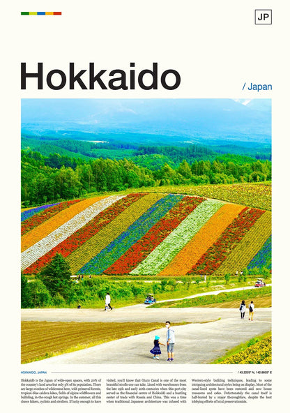 Colorful striped fields in Hokkaido, Japan with people walking on a path.