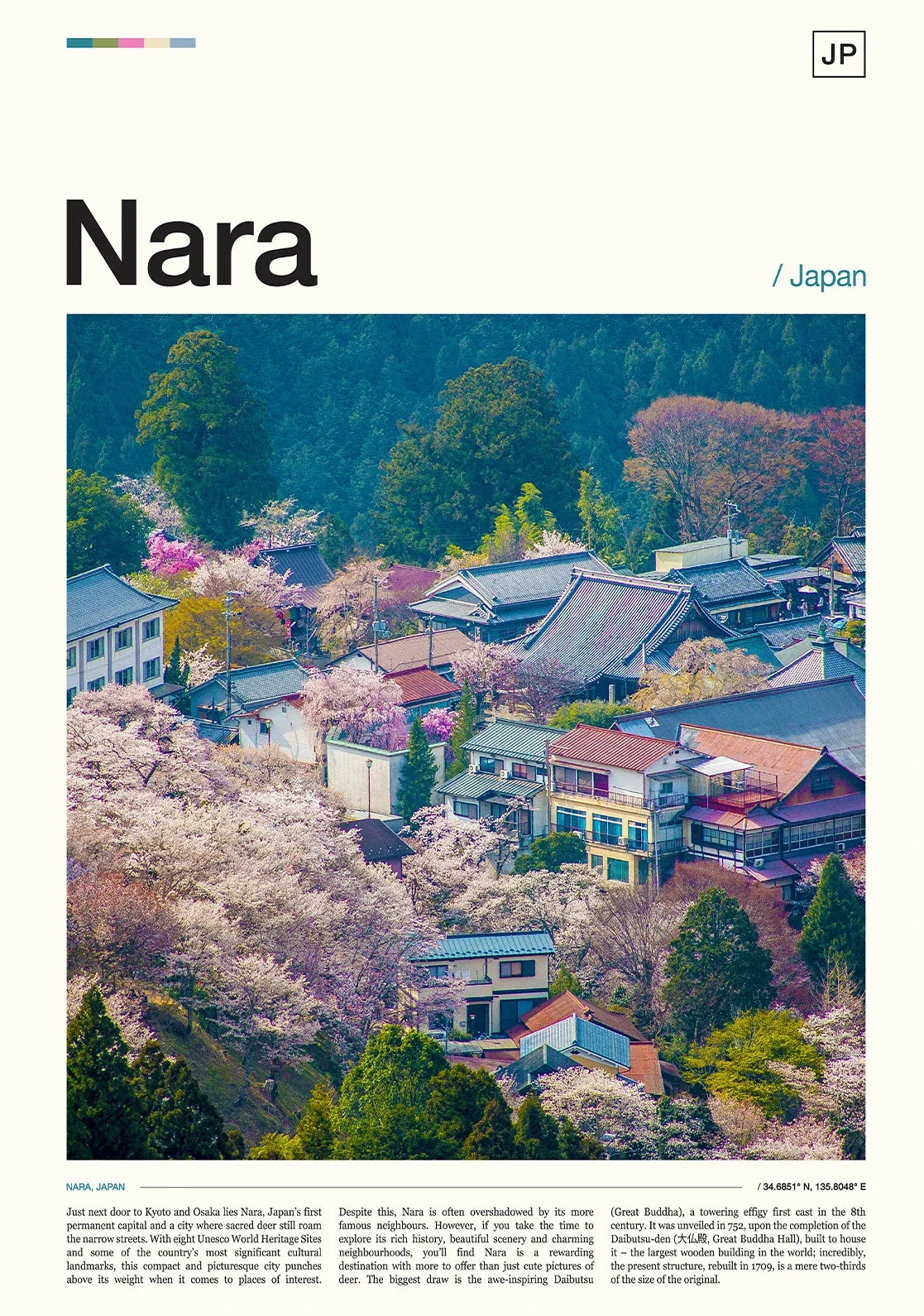Scenic view of Nara, Japan with cherry blossoms and traditional buildings.