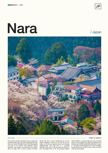 Scenic view of Nara, Japan with cherry blossoms and traditional buildings.