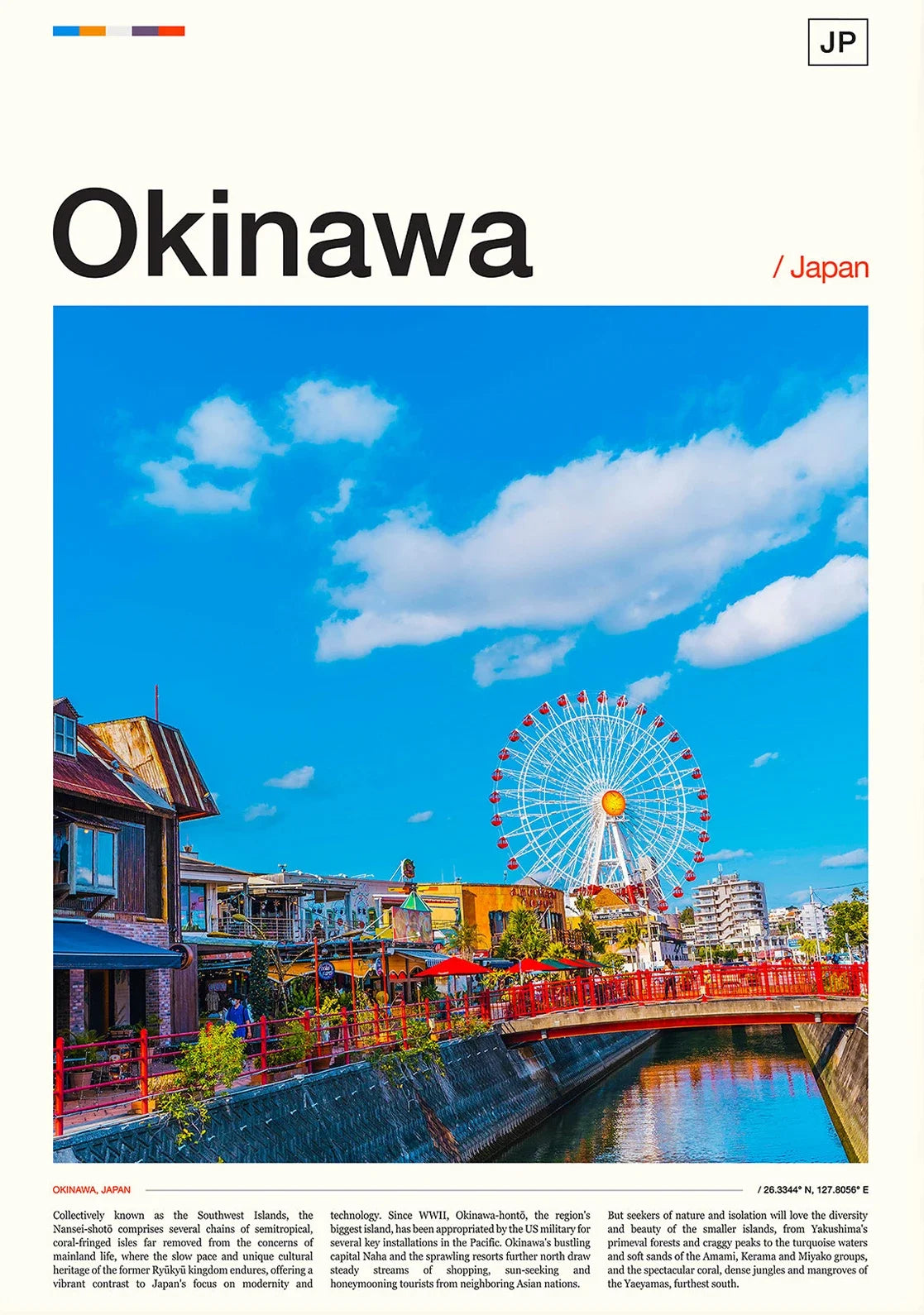 Okinawa, Japan with a Ferris wheel and traditional buildings.