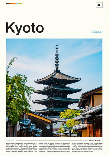Traditional Japanese pagoda with a clear blue sky in Kyoto, Japan.