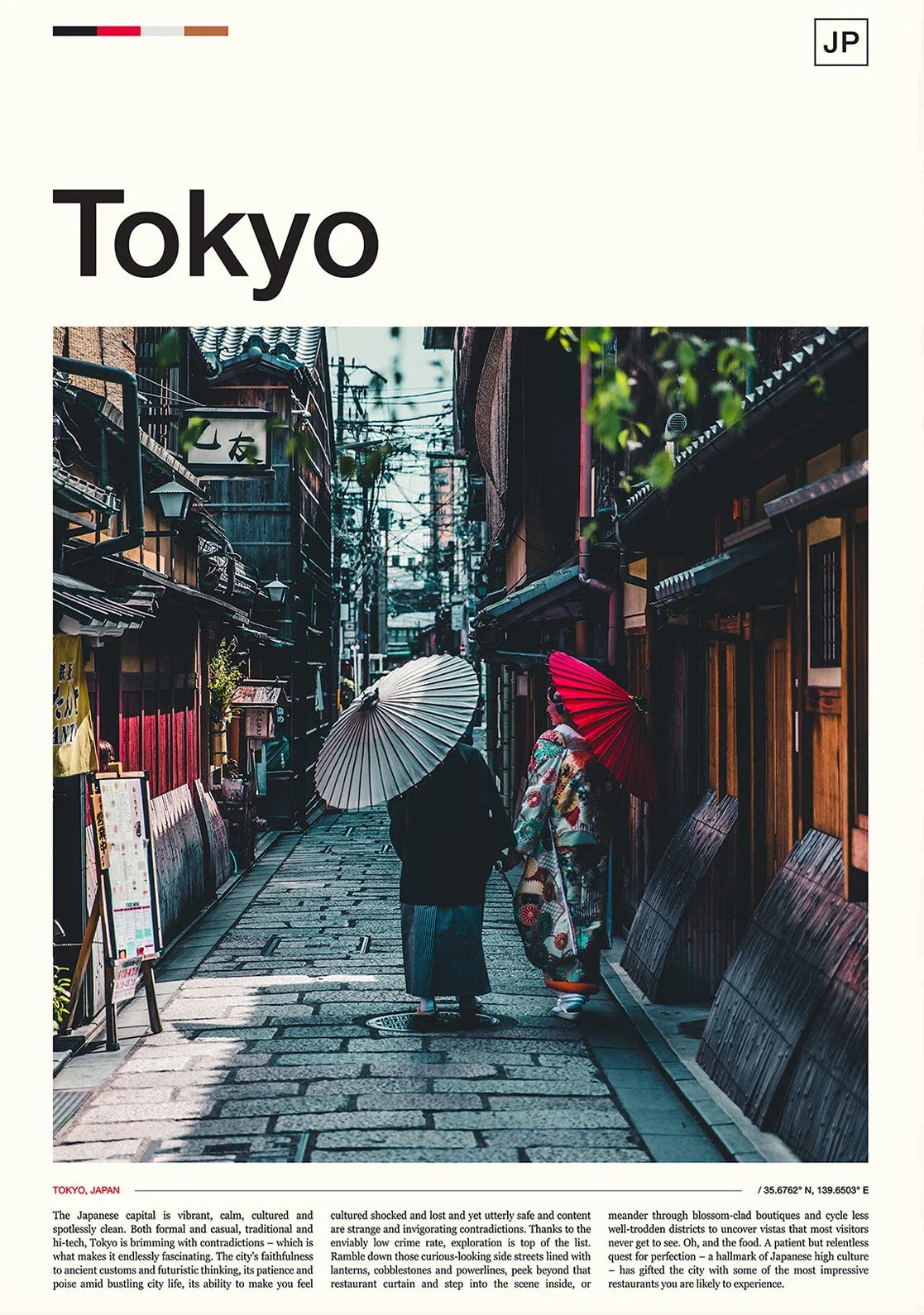 Two people in traditional Japanese attire walking down a narrow street in Tokyo, with text overlay.