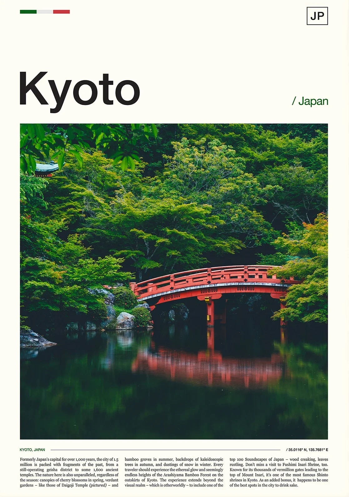 Red bridge in a green forest with Kyoto text overlay