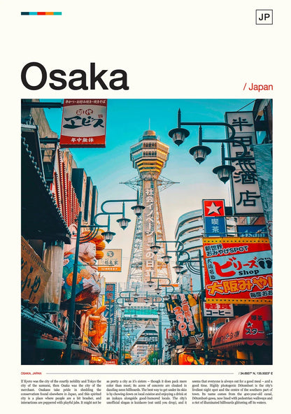 Osaka skyline with colorful signs and a tower, featuring the text 'Osaka / Japan'.