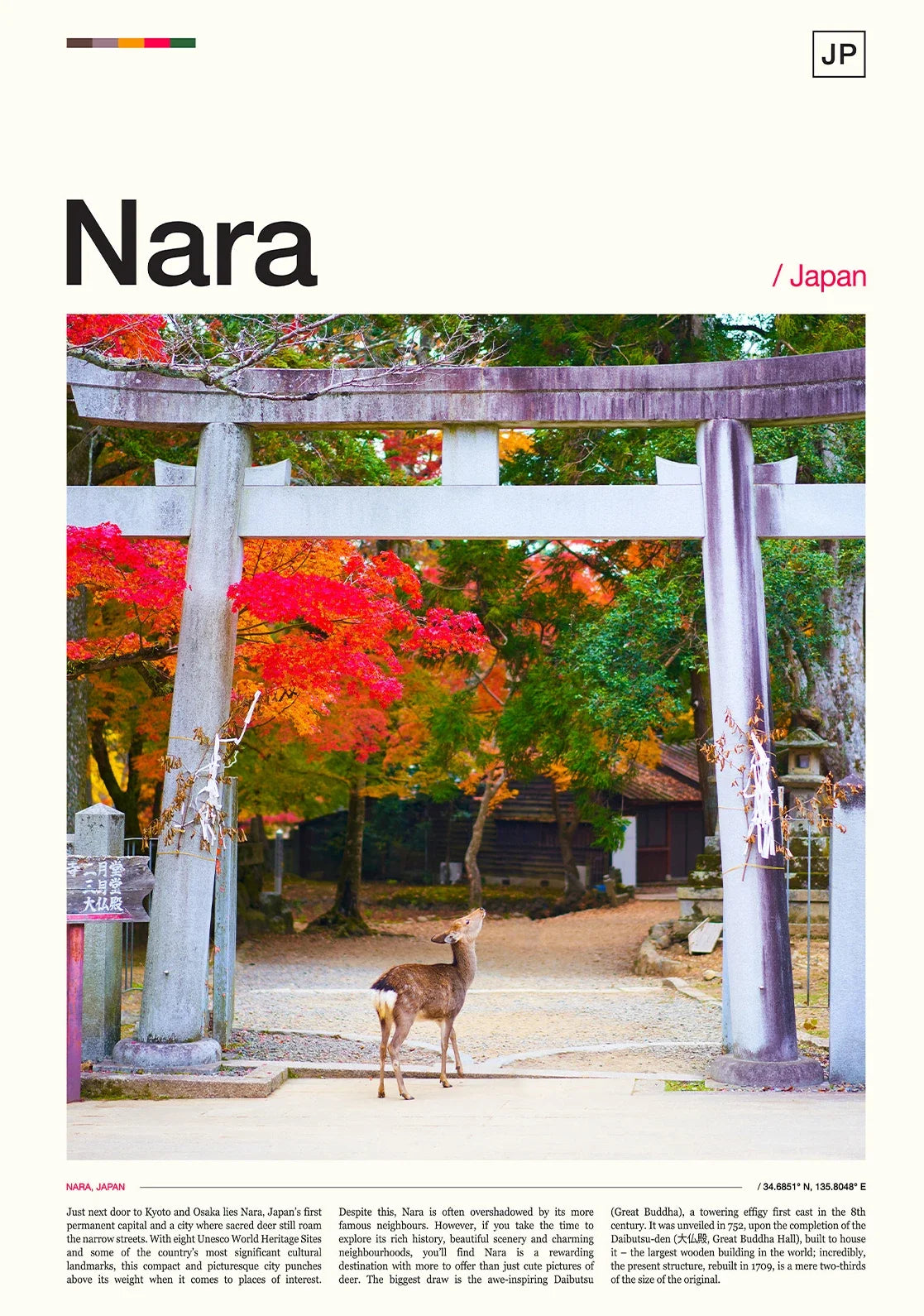 Deer in front of a torii gate with autumn foliage in Nara, Japan