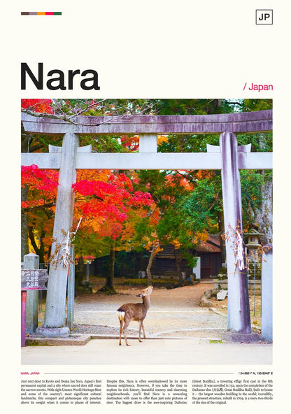 Deer in front of a torii gate with autumn foliage in Nara, Japan
