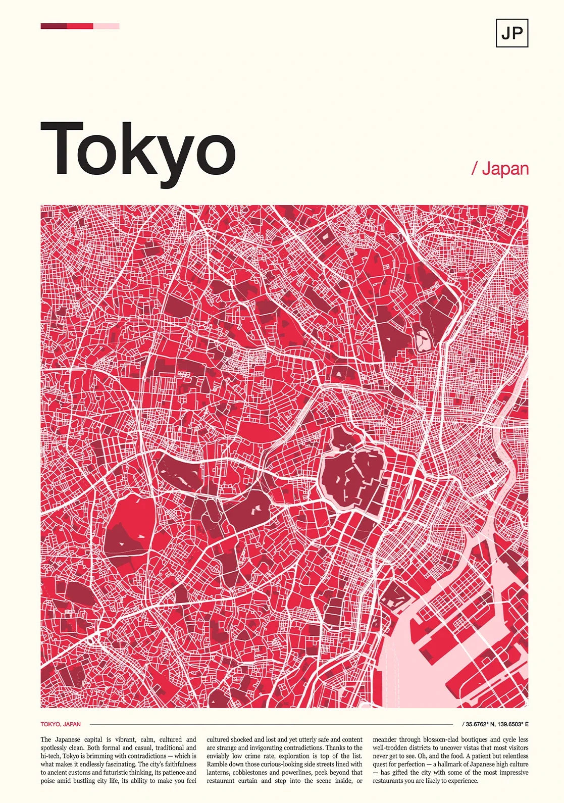 Map of Tokyo, Japan with a red color scheme on a white background