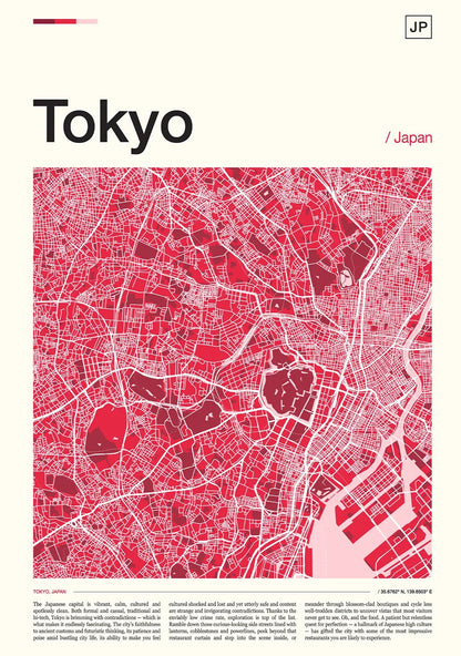 Map of Tokyo, Japan with a red color scheme on a white background