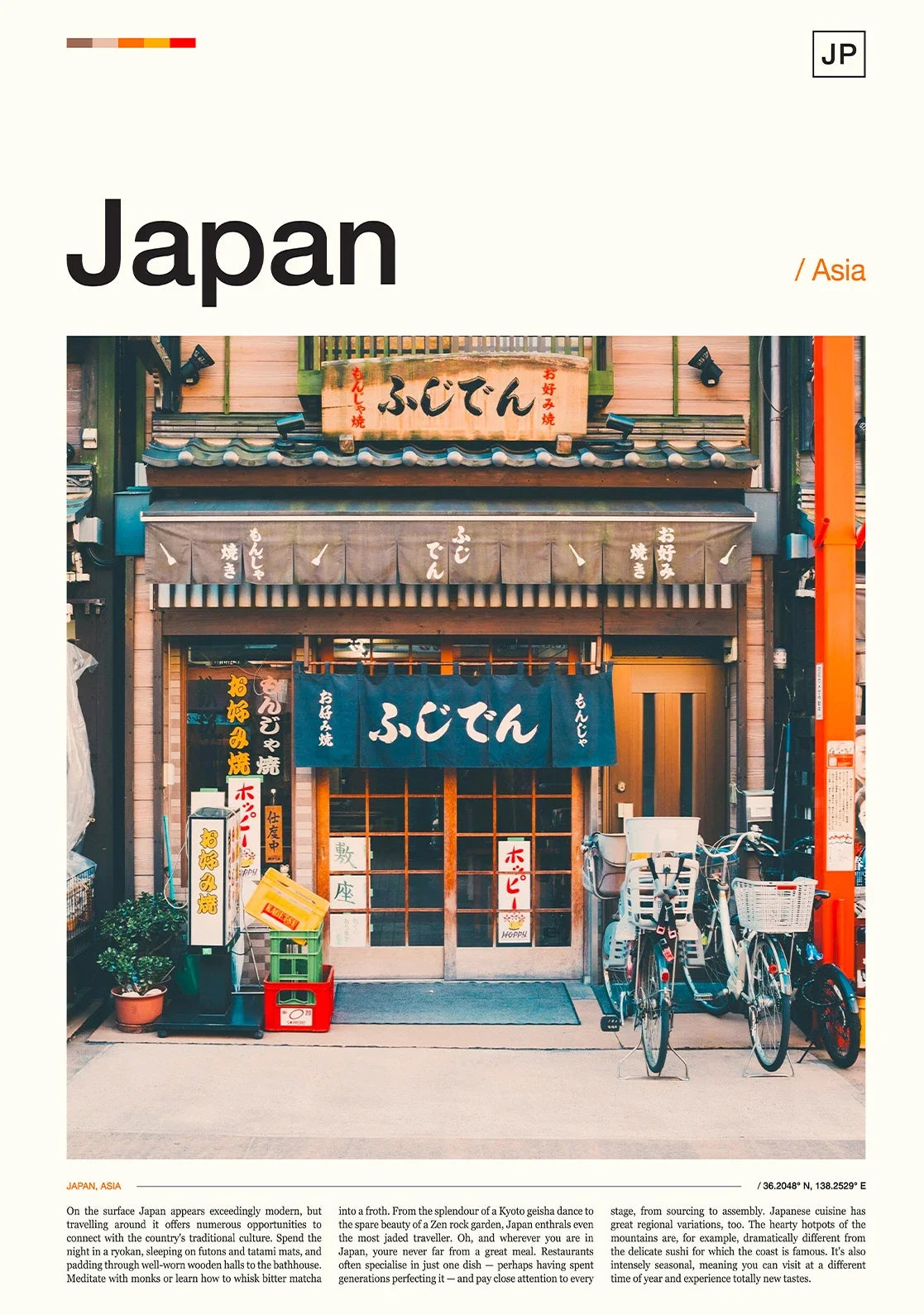 Traditional Japanese store front with bicycles parked in front, labeled 'Japan'.