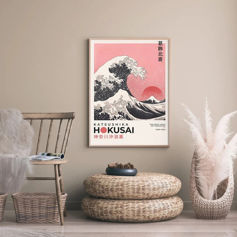 Framed artwork of Katsushika Hokusai's 'The Great Wave' in a modern living room setting.