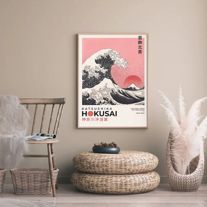 Framed artwork of Katsushika Hokusai's 'The Great Wave' in a modern living room setting.