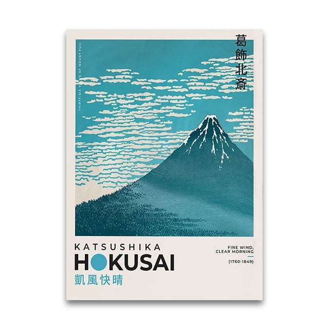 Poster of Mount Fuji with Katsushika Hokusai's name and artwork style on a white background