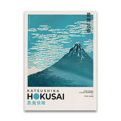 Poster of Mount Fuji with Katsushika Hokusai's name and artwork style on a white background