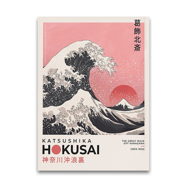 Poster of Katsushika Hokusai's 'The Great Wave' with a pink background