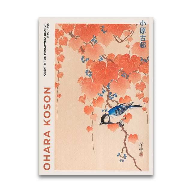 Book cover with floral design and bird illustration, featuring Ohara Koson's name.