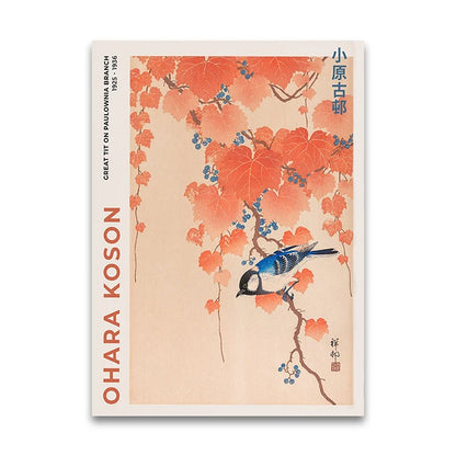 Book cover with floral design and bird illustration, featuring Ohara Koson's name.