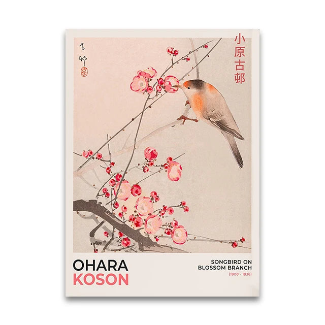 Poster of Ohara Koson's 'Songbird on Blossom Branch' with a bird perched on a branch with pink flowers.