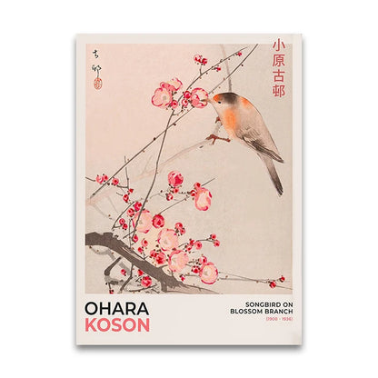 Poster of Ohara Koson's 'Songbird on Blossom Branch' with a bird perched on a branch with pink flowers.