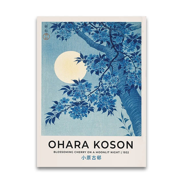 Poster of Ohara Koson's 'Blossoming Cherry on a Moonlit Night' with blue floral design and moon.