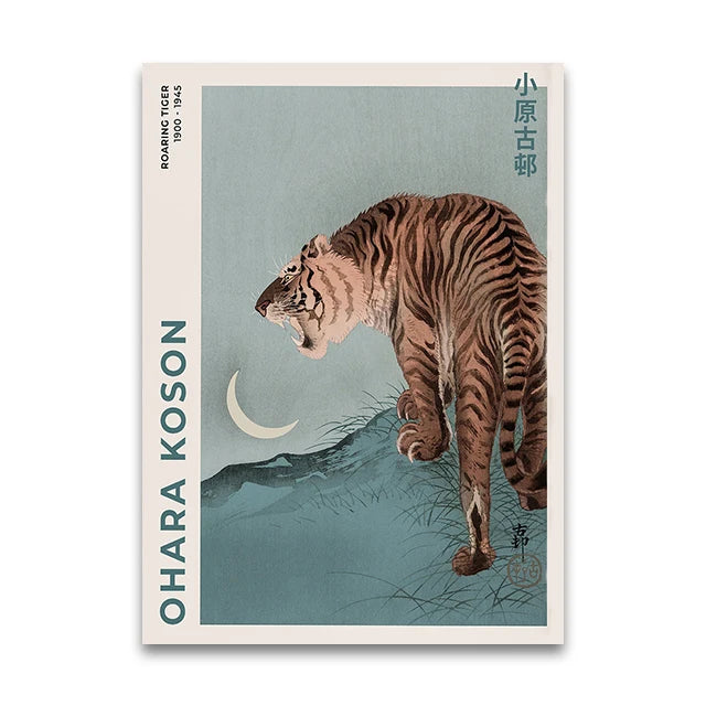 Poster of a tiger with Ohara Koson's name on a light blue background
