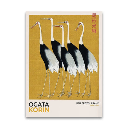 Poster of Ogata Korin's 'Red Crown Crane' artwork with cranes on a textured yellow background.
